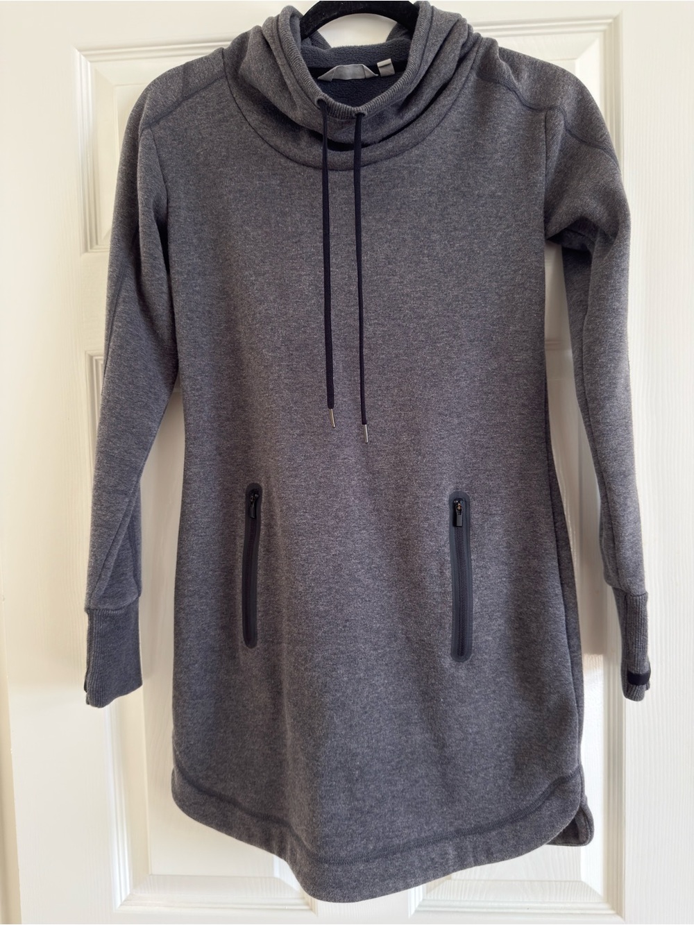 Athleta Gray Warm Funnel Neck Sweater Tunic with Zip Kangaroo Pockets and Hood